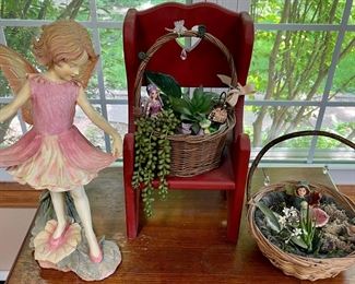 Fairy Garden Lot - (2) Fairy Garden Baskets, Wood Chair, Resin Figurine