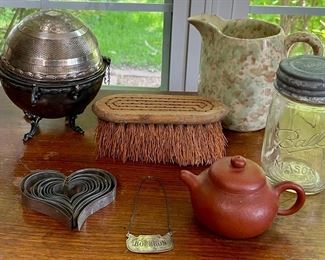Meriden 1866 Silver Plate 3 Piece Butter Dish (as Is), Antique Brush, Tin Cookie, Spatter Pitcher, And More