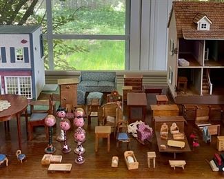 (2) Miniature Doll Houses With Assorted Hand Made Wood Furniture And Accessories