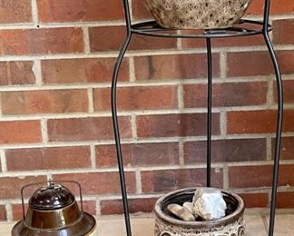 Black Metal Plant Stand, (2) Part Pottery Planters, And An Antique Crock With Lid (as Is)