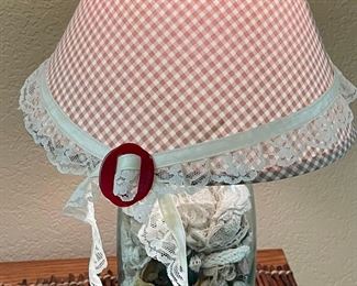 Vintage Mason Jar Hand Made Lamp With Antique Lace And Checkered Shade Works