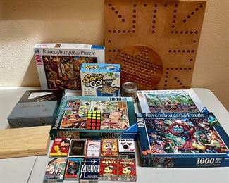 Game Lot - Ravensburger Puzzles, Chinese Checker Board, Playing Cards, Dominos, Scrabble Letters, And More