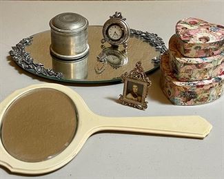 Dresser Lot -brighton Clock, Brighton Bookmark, Silver Tone Powder Jar, Enamel Picture Frame, Celluloid Mirror