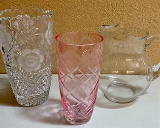 Rose Crystal Vase, Pink Glass Vase, And A Clear Glass Pitchers