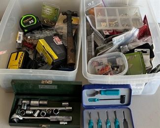 Tool And Hardware Lot - Sockets, Wall Hanging, Tape Measure, Nails, Stud Finder, And More