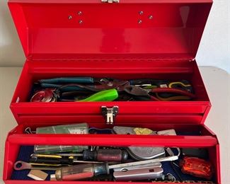 Voyager 17" Steel Tool Box With Contents - Pliers, Tape Measures, Bits, And More