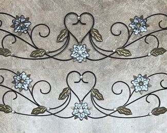 Pair Of 45" X 9.5" Metal Heart And Flower Wall Hanging With Clear Plastic Prisms