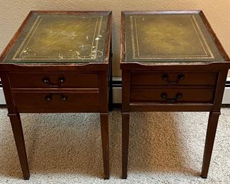 Pair Of MCM Single Drawer Leather Top Side Tables With Glass 