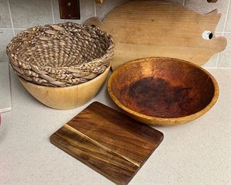 (2) Wooden Cutting Boards, Antique Carved Wood Bowl, And Woven Basket (as Is)