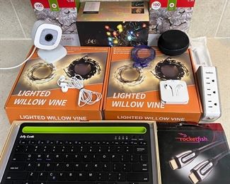 Electronics Lot - Bluetooth Keyboard, Lights, Headphones, Arlo Camera, Edapter, And More