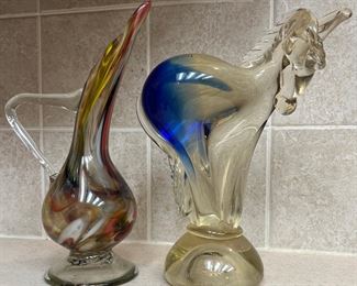 (2) Pieces Of Hand Blown Art Glass - 10" Pitcher, Clear And Blue Donkey (as Is)