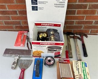 Small Tool And Hardware Lot - NIB Toilet Seat Cover, Brass Doorknobs, Hammers, Sandpaper, And More
