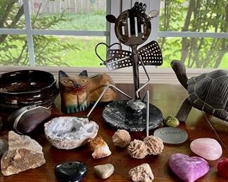 Eclectic Lot Of Assorted Geodes, Rocks, Desert Rose, Stone Tray, Pottery Rattle, Wood Cat, And More