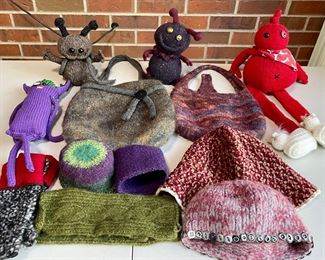 Hand Made Felted Wool Lot - Bags, Baby Monsters, Hats, Jar Covers, And More
