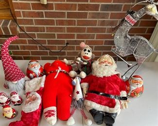 Vintage Holiday Decor Lot - Doll Craft Santa, Antique Bear, Sock Monkey, Holiday Gnomes, Kiddie Products, More