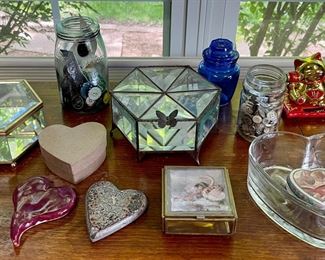 Dresser Lot - Metal And Beveled Glass Footed Trinket Boxes, Buttons, Hearts, And More