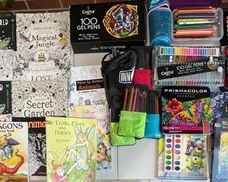 Large Lot Of Art Supplies - Basford Coloring Books, Prismacolor Pencils, Fenech Fairy Books, Gel Pens, More