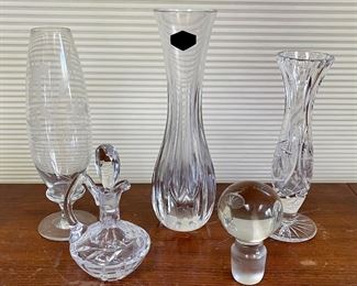 Vintage Crystal Lot - Saint Louise France Vase, Etched Vase, Atomic Burst Vase, Cruet, Large Clear Stopper