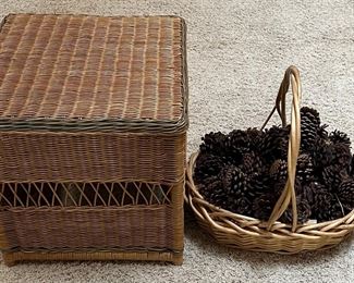 Woven Ratan Side Table And Large Handled Basket Full Of Pinecones