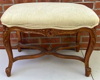 Vintage Carved Walnut Upholstered Bench