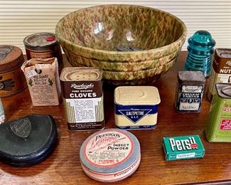 Antique Spatterware Mixing Bowl With Assorted Antique Tins - Persil, Nutmeg, Insect Powder, And More