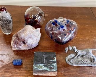 Eclectic Lot - (2) Art Glass Ornaments, Asian Perfume Bottle, Antique Copper Stamp, Lapis, And Pewter Dog