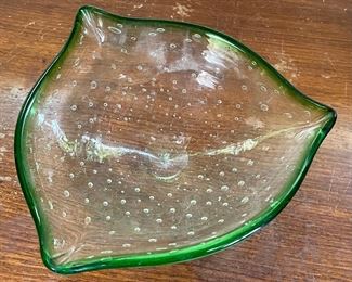 Vintage Murano Art Glass Controlled Bubble Green Rim 3 Corner Bowl