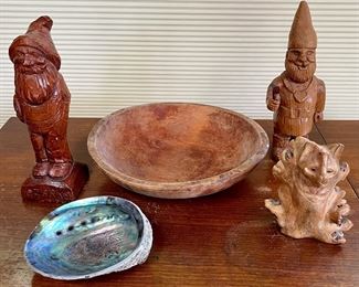 Vintage Resin Wood Lot - Hand Carved Wood Bowl, Gnome, Ozarks Resin Gnome, Fungi Carved Cat
