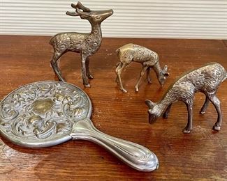 (3) Vintage Solid Brass Deer And A Repousse Antique Hand Mirror