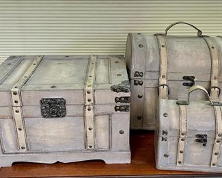 Set Of Gray Wood And Faux Leather Strap Decorative Storage Trunks