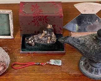 Eclectic Lot - Asian Pottery Figurine In Box, Metal Picture Frame, Cast Iron Genie Lamp, Alaskan Ulu Knife