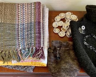 (2) Felted Wool Hand Made Bags With Buttons, Cotton Rag Rug, And (2) Table Top Quilt Covers