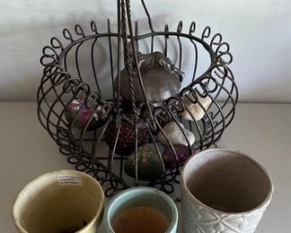 Solid Metal Heart Basket With Handle, 3 Ceramic Planters, Resin Yard Art