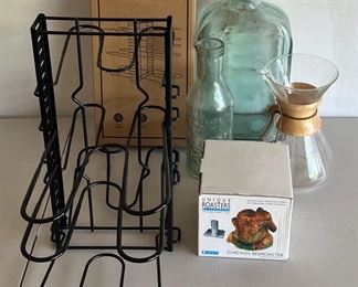 8 Tier Pot And Pan Organizer With Box, Chicken Beeroaster, Large Bottle With Stopper, Milk Jug, And Pitcher