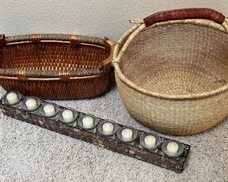 (2) Woven Ratan Baskets - (1) With Leather Wrapped Handle - Decorative Button Candle Holder