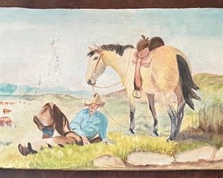 Antique Hand Painted J.C.S. Western Board Painting