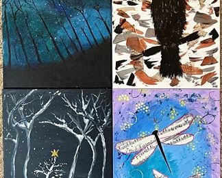 (4) Original Oil On Canvas Paintings - Starry Night, Raven, Dragonfly, And More