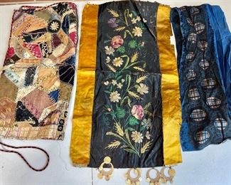 (3) Victorian Tapestry Pieces - Blue Silk Sash, Embroidered Floral Silk Piece, Crazy Lace Pillow Cover