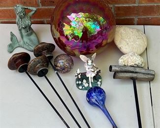 Yard Art - Glass Water Globes, Cast Iron Mermaid, Glazed Pottery Mushrooms, Stone Heart, Resin Fairy
