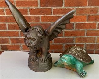 Concrete Gargoyle And Turtle Painted Outdoor Yard Art (as Is) 