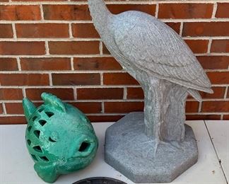(3) Large Pieces Of Yard Art - Pottery Fish, Plastic Heron, Metal Dragonfly Sundial 