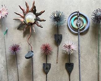 (11) Pieces Of Metal Yard Art - Hand Made Flowers And Spikes