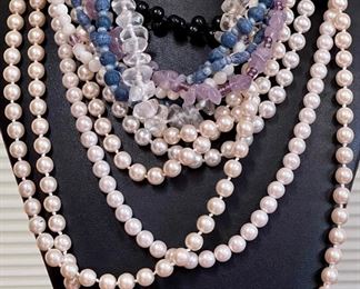 Vintage Faux Pearl Necklaces Including Amethyst Quartz And Moonstone Necklaces