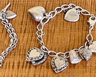 (2) Sterling  Silver Charm Bracelets - Puff Heart, Lock And Key -  Antique Sterling Silver Lock With Chain