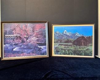 Print of a Country Church and a Cabin With A Water Wheel