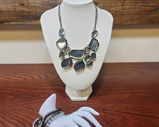 Traci Lynn Hematite Pewter Necklace Chunky Style  Bib