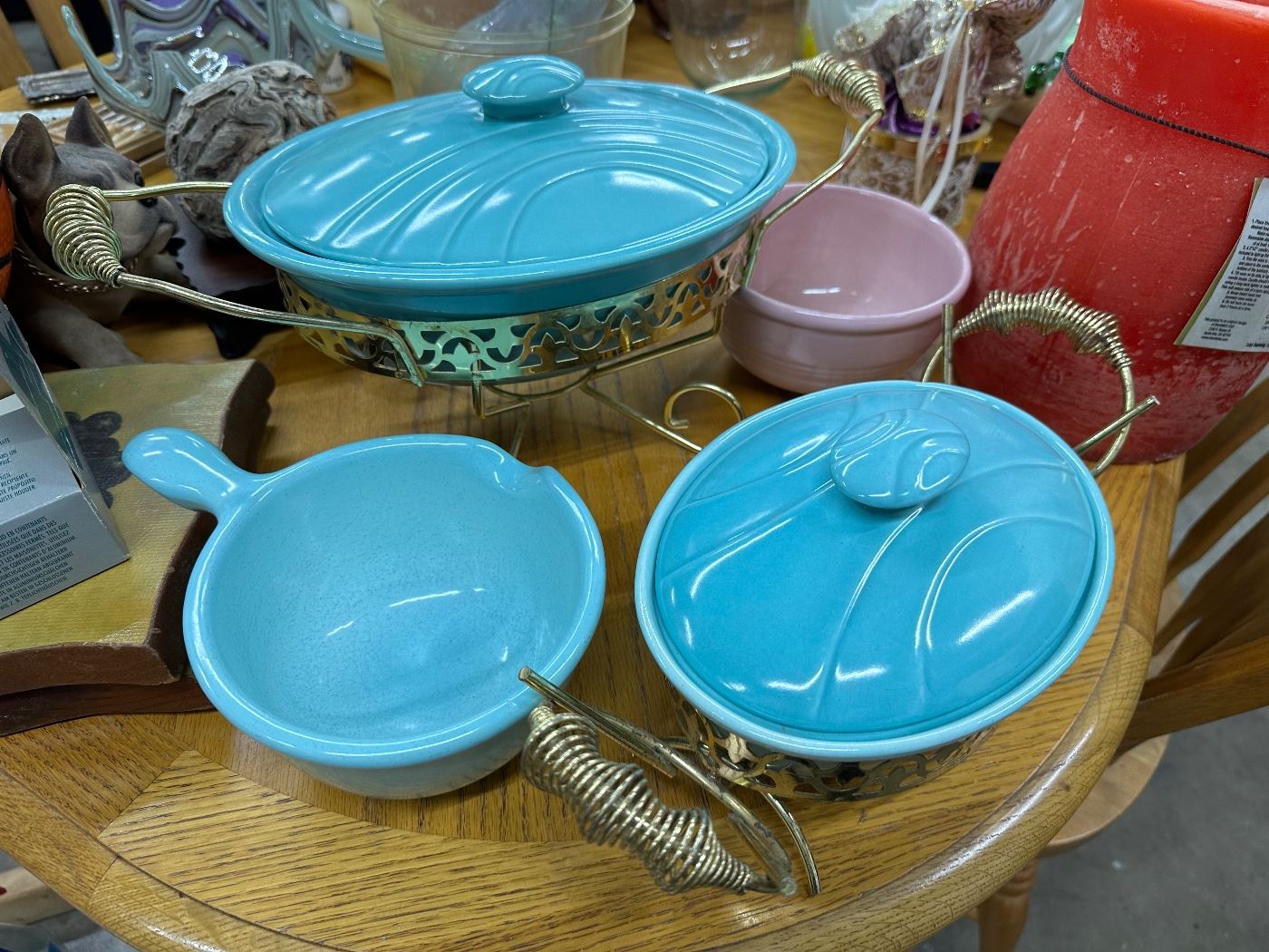 Vintage Tiffany blue casserole dishes with metal stands 