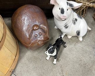Signed pottery pig,
Ceramic pig and porcelain dog