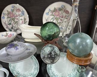 Japanese glass fishing floats, partial set of china