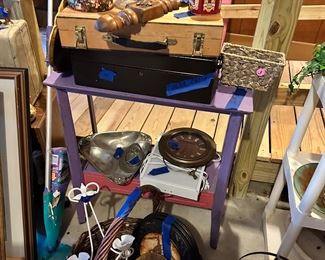 Garage full of goodies, copper, artist case, great purple table that would fit in many places